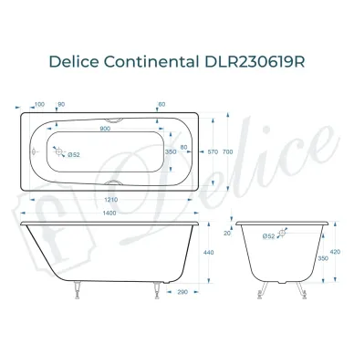 Ванна чугунная Delice Continetal DLR230619R 140х70 см, без антискользящего покрытия, с отверстиями под ручки 8