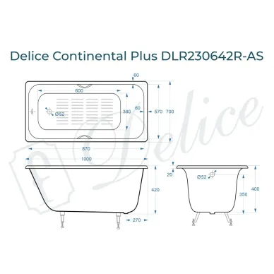 Ванна чугунная Delice Continental Plus DLR230642R-AS 100х70 см с отверстиями под ручки и антискользящим покрытием 8