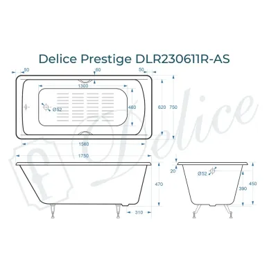 Ванна чугунная Delice Prestige DLR230611R-AS 175х75 см, с антискользящим покрытием, с отверстиями под ручки 8