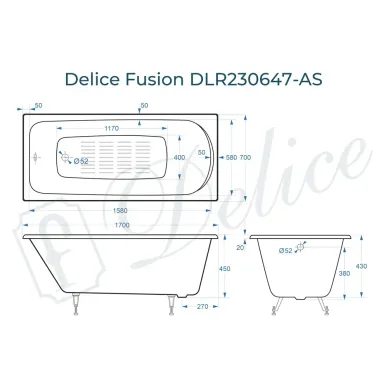 Ванна чугунная Delice Fusion DLR230647-AS 170x70 см, с антискользящим покрытием 7
