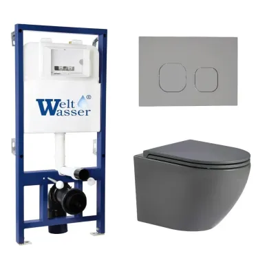 Инсталляция Welt Wasser BAMBERG 525 + MERZBACH 043 MT-GR + BAMBERG CR в комплекте с унитазом, безободковый, с сидением микролифт 0