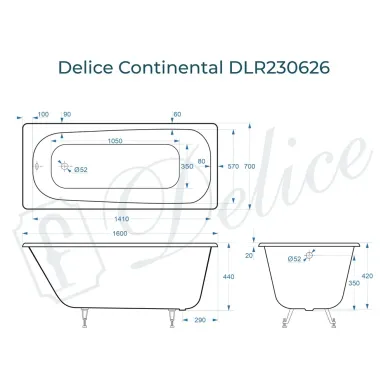 Ванна чугунная Delice Continental DLR230626 160х70 см 7