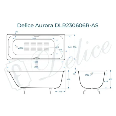 Ванна чугунная Delice Aurora DLR230606R-AS 170х75 см, c антискользящим покрытием, с отверстиями под ручки 8