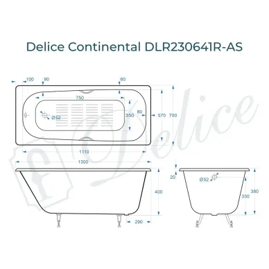 Ванна чугунная Delice Continental DLR230641R-AS 130х70 см с отверстиями под ручки и антискользящим покрытием 8