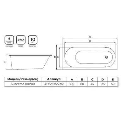 Акриловая ванна Alba Spa Supreme ВПР041000100 180x80, белая 2