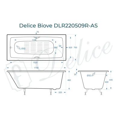 Ванна чугунная Delice Biove DLR220509RB-AS 170х75 см, с антискользящим покрытием, с ручками черными матовыми 8
