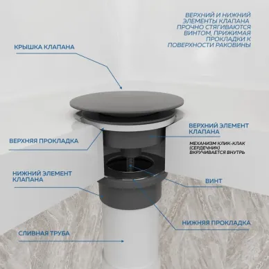 Сливной набор для раковины Teymi Lina T140213 click-clack, графит матовый 6