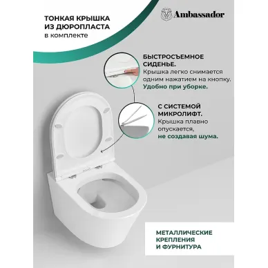 Чаша подвесного унитаза Ambassador Ritz 233K19003RS безободковый, сиденье с микролифтом 5