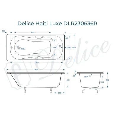 Ванна чугунная Delice Haiti Luxe DLR230636R 150x80 см с отверстиями под ручки 8