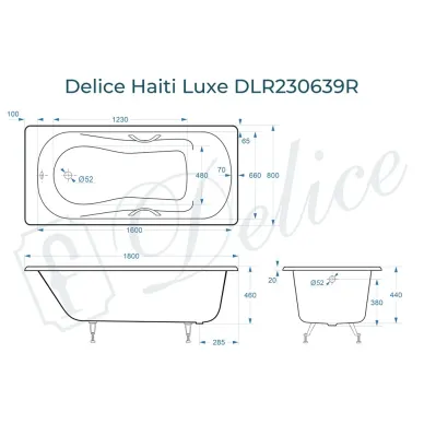 Ванна чугунная Delice Haiti Luxe DLR230639R 180x80 см с отверстиями под ручки 8