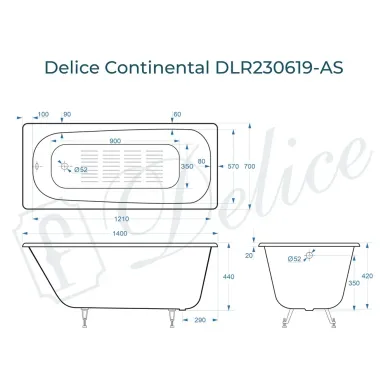 Ванна чугунная Delice Continetal DLR230619-AS 140х70 см, с антискользящим покрытием 7
