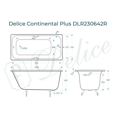 Ванна чугунная Delice Continental Plus DLR230642R 100х70 см с отверстиями под ручки 8