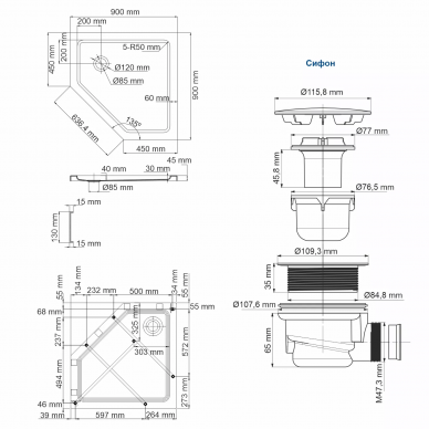 Поддон для душа Wasserkraft Isen 26T (26T11) (90x90) (пятиугольный) 1
