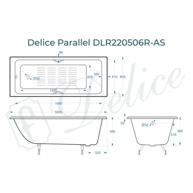 Ванна чугунная Delice Parallel DLR220506R-AS 180х80 см, с антискользящим покрытием, с ручками 8
