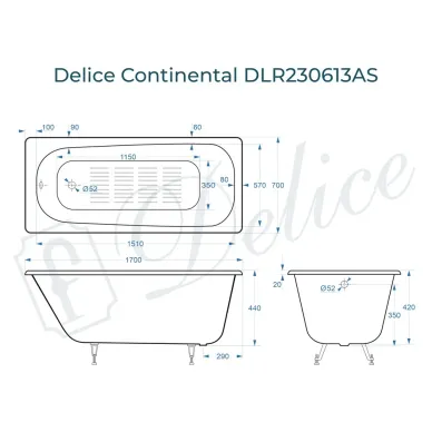 Ванна чугунная Delice Continental DLR230613-AS 170х70 см, c антискользящим покрытием 7