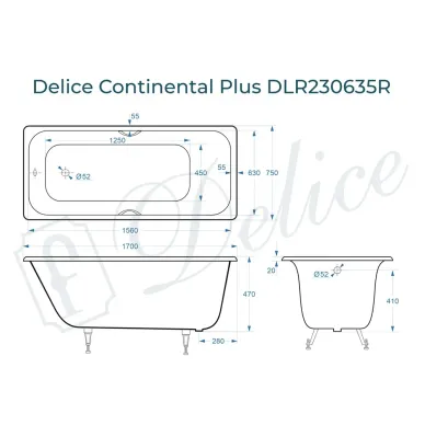 Ванна чугунная Delice Continental Plus DLR230635R 170х75 см с отверстиями под ручки 8