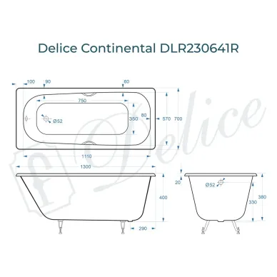 Ванна чугунная Delice Continental DLR230641R 130х70 см с отверстиями под ручки 8