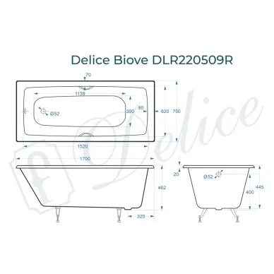 Ванна чугунная Delice Biove DLR220509RB 170х75 см, без антискользящего покрытия, с ручками черными матовыми 8