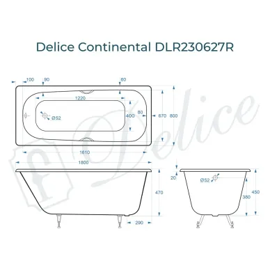 Ванна чугунная Delice Continental DLR230627R 180х80 см с отверстиями под ручки 8