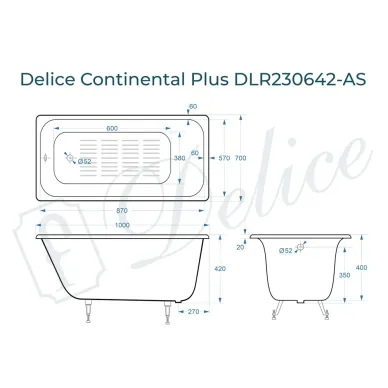 Ванна чугунная Delice Continental Plus DLR230642-AS 100х70 см с антискользящим покрытием 7