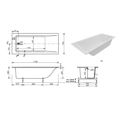Ванна из литого мрамора Эстет Delta 170В slim (ФР-00015336) (170x75) 8