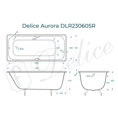 Ванна чугунная Delice Aurora DLR230605R 170х70 см, без антискользящего покрытия, с отверстиями под ручки 8