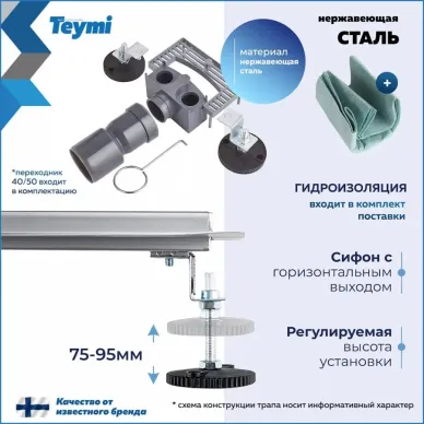 Душевой лоток Teymi Lori T90385 нержавеющая сталь, комбинированный затвор, 10x60 см 5