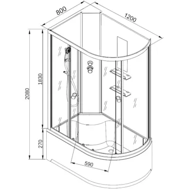 Душевая кабина DTO EM EM2712RNLED 120x80x208 см, правая, без крыши, с LED подсветкой 8