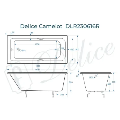 Ванна чугунная Delice Camelot DLR230616R 180х80 см, без антискользящего покрытия, с отверстиями под ручки 8