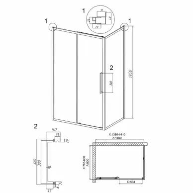 Душевой уголок Grossman Cosmo 140x80х195 см, стекло прозрачное/профиль чёрный матовый 5