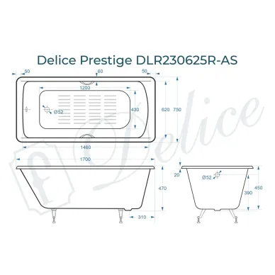 Ванна чугунная Delice Prestige DLR230625R-AS 170х75 см с отверстиями под ручки и антискользящим покрытием 8