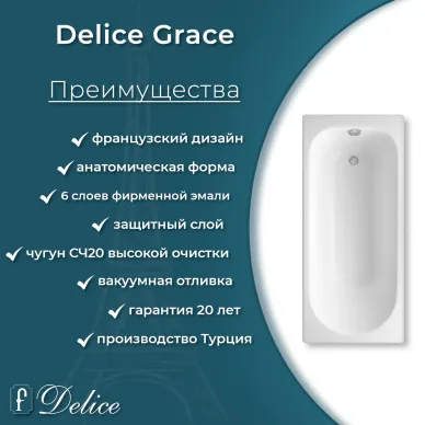 Ванна чугунная Delice Grace DLR230643R 170x70 см с отверстиями под ручки 6