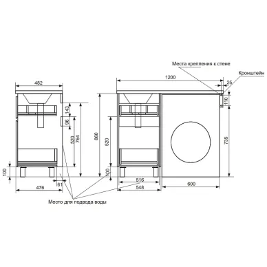 Тумба с раковиной Эстет Dallas Luxe 120 R (ФР-00001920) (правая) 2 ящика, белая 7