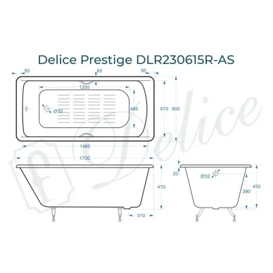 Ванна чугунная Delice Prestige DLR230615R-AS 170х80 см, с антискользящим покрытием, с отверстиями под ручки 8