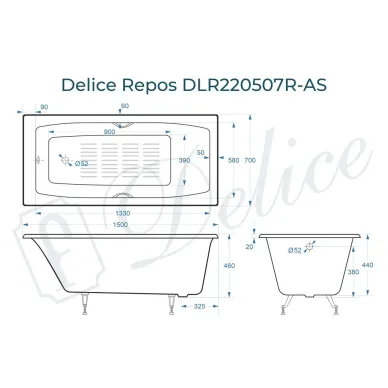 Ванна чугунная Delice Repos DLR220507RB-AS 150х70 см, с антискользящим покрытием, с ручками черными матовыми 8