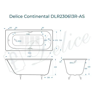Ванна чугунная Delice Continental DLR230613R-AS 170х70 см, c антискользящим покрытием, с отверстиями под ручки 8