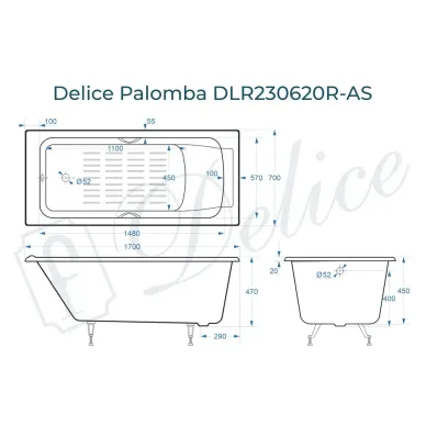 Ванна чугунная Delice Palomba DLR230620R-AS 170х70 см, с антискользящим покрытием, с отверстиями под ручки 8