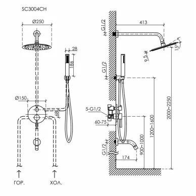 Душевая система Sancos Select (SC3004CH) встраиваемая, с изливом, хром 9