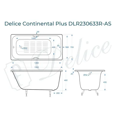 Ванна чугунная Delice Continental Plus DLR230633R-AS 150х70 см с отверстиями под ручки и антискользящим покрытием 8