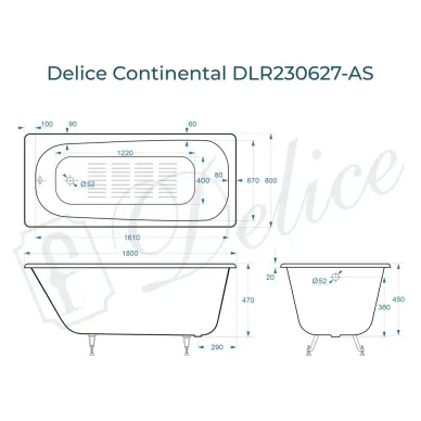 Ванна чугунная Delice Continental DLR230627-AS 180х80 см с анитискользящим покрытием 7