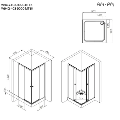 Душевой уголок Am.Pm X-Joy W94G-403-9090-МТ1К 89х89 см, стекло прозрачное/профиль хром матовый 7