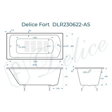 Ванна чугунная Delice Fort DLR230622-AS 200х85 см, с антискользящим покрытием 7