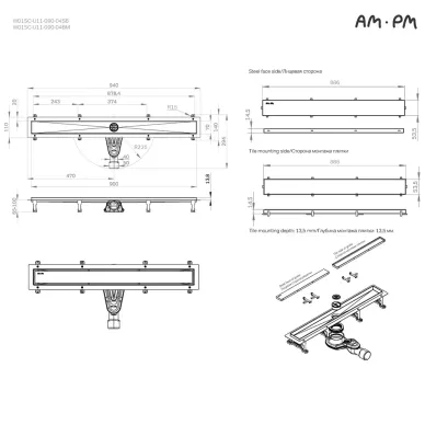 Душевой лоток Am.Pm MasterFlow (W01SC-U11-090-04SB) (900мм) универсальный затвор Tile 11