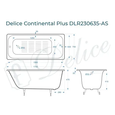 Ванна чугунная Delice Continental Plus DLR230635-AS 170х75 см с антискользящим покрытием 7