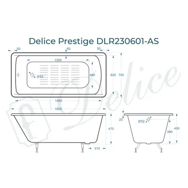 Ванна чугунная Delice Prestige (DLR230601-AS) 180х75 см, с антискользящим покрытием 5