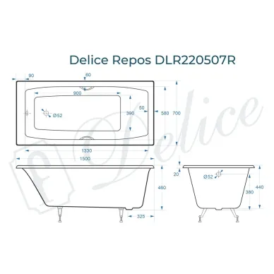 Ванна чугунная Delice Repos DLR220507RB 150х70 см, без антискользящего покрытия, с ручками черными матовыми 8