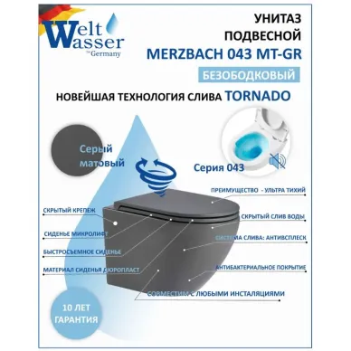 Инсталляция Welt Wasser BAMBERG 525 + MERZBACH 043 MT-GR + BAMBERG WT в комплекте с унитазом, безободковый, с сидением микролифт 3