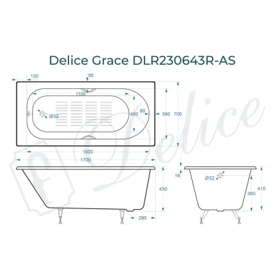 Ванна чугунная Delice Grace DLR230643R-AS 170x70 см с отверстиями под ручки и антискользящим покрытием 8