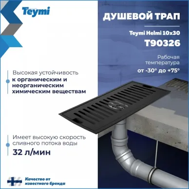 Душевой лоток Teymi Helmi T90326 чёрный, 10x30 см 10