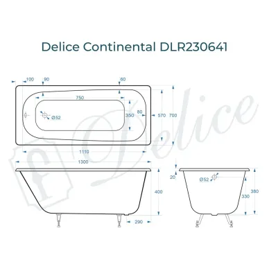 Ванна чугунная Delice Continental DLR230641 130х70 см 7